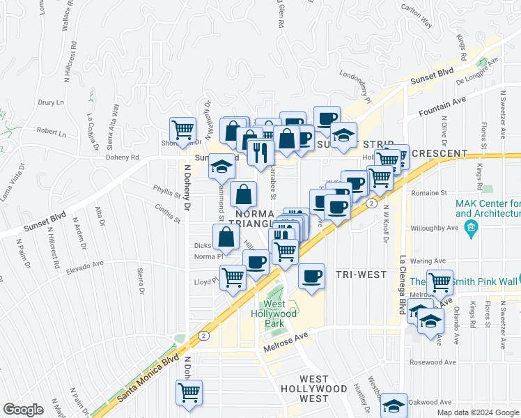 map of restaurants, bars, coffee shops, grocery stores, and more near in West Hollywood