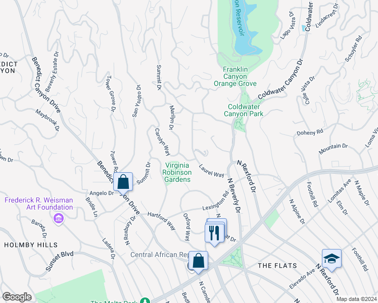 map of restaurants, bars, coffee shops, grocery stores, and more near 1020 Carolyn Way in Beverly Hills