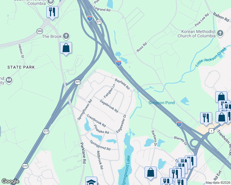 map of restaurants, bars, coffee shops, grocery stores, and more near 8111 Greenbrook Road in Columbia