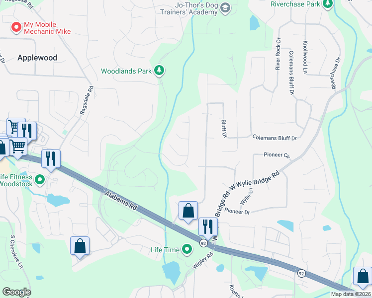 map of restaurants, bars, coffee shops, grocery stores, and more near 137 Churchcliff Drive in Woodstock