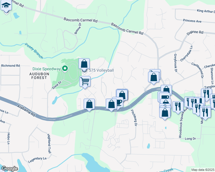 map of restaurants, bars, coffee shops, grocery stores, and more near 236 Bobbie Way in Woodstock