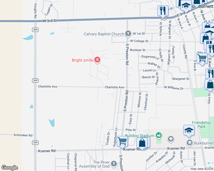map of restaurants, bars, coffee shops, grocery stores, and more near Charlotte Avenue in Burkburnett