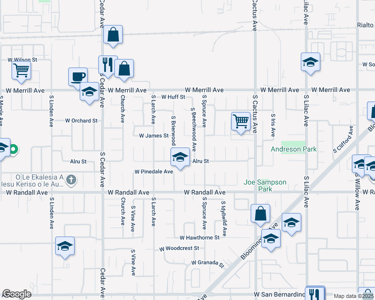 map of restaurants, bars, coffee shops, grocery stores, and more near 731 South Teakwood Avenue in Rialto