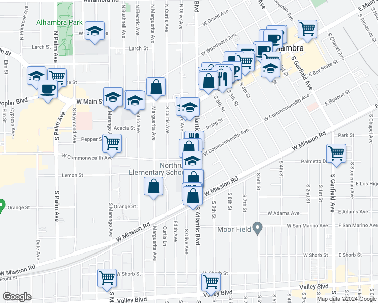 map of restaurants, bars, coffee shops, grocery stores, and more near 228 South Olive Avenue in Alhambra