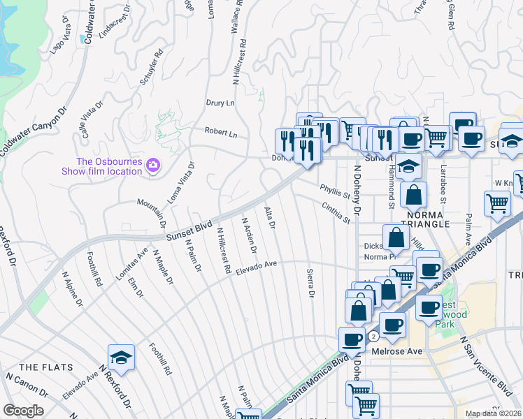 map of restaurants, bars, coffee shops, grocery stores, and more near 727 Alta Drive in Beverly Hills