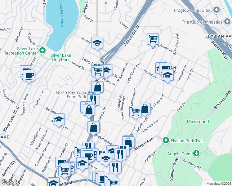 map of restaurants, bars, coffee shops, grocery stores, and more near 1860 North Alvarado Street in Los Angeles