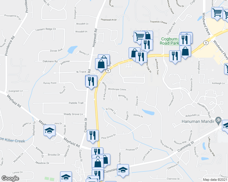 map of restaurants, bars, coffee shops, grocery stores, and more near 2025 Winthrope Cmns in Alpharetta