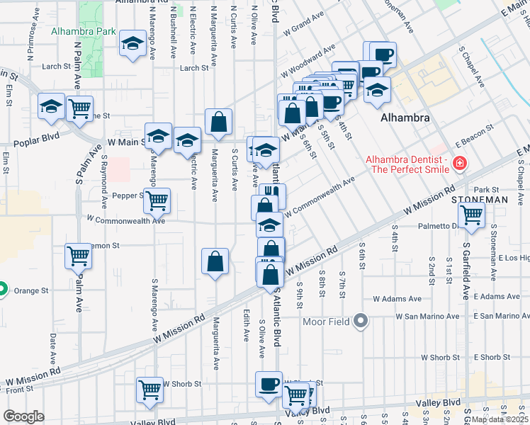 map of restaurants, bars, coffee shops, grocery stores, and more near 228 South Olive Avenue in Alhambra