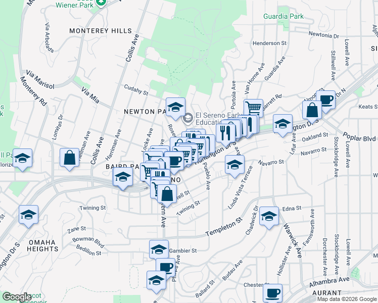 map of restaurants, bars, coffee shops, grocery stores, and more near 3714 Rosemead Avenue in Los Angeles