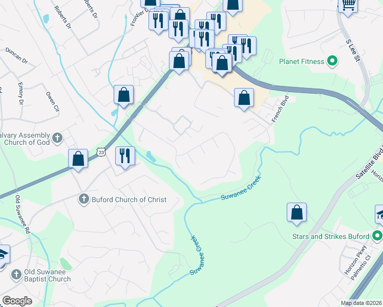 map of restaurants, bars, coffee shops, grocery stores, and more near 4182 Reynolds Place in Buford
