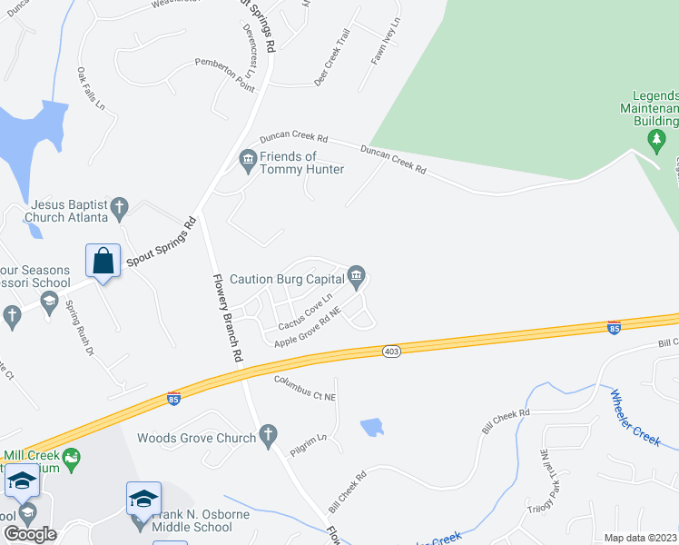 map of restaurants, bars, coffee shops, grocery stores, and more near 5343 Catrina Way in Buford