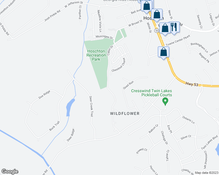 map of restaurants, bars, coffee shops, grocery stores, and more near 452 White Trillium Drive in Hoschton