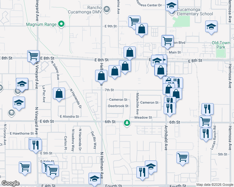 map of restaurants, bars, coffee shops, grocery stores, and more near 9121 Helms Avenue in Rancho Cucamonga
