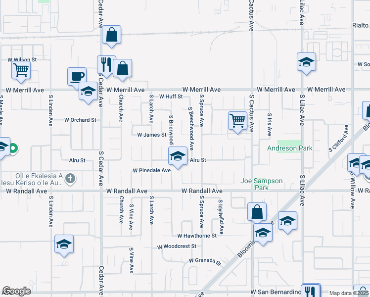 map of restaurants, bars, coffee shops, grocery stores, and more near 731 South Teakwood Avenue in Rialto
