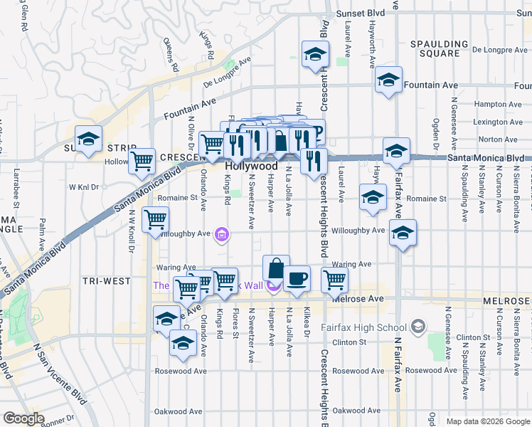 map of restaurants, bars, coffee shops, grocery stores, and more near 933 North Harper Avenue in West Hollywood