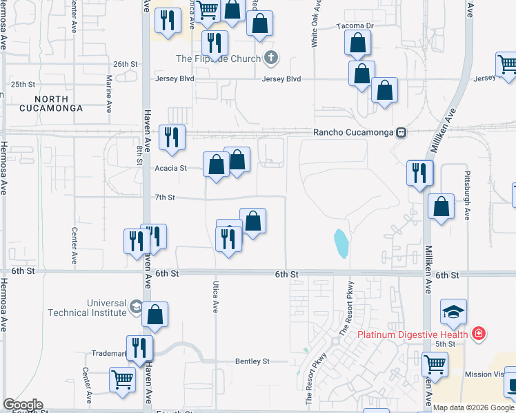 map of restaurants, bars, coffee shops, grocery stores, and more near 10825 7th Street in Rancho Cucamonga