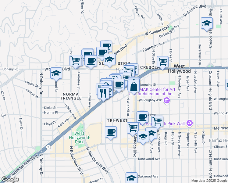 map of restaurants, bars, coffee shops, grocery stores, and more near 8707 Santa Monica Boulevard in West Hollywood