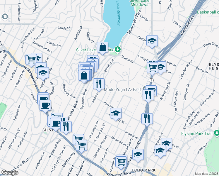 map of restaurants, bars, coffee shops, grocery stores, and more near 2 Benton Way in Los Angeles