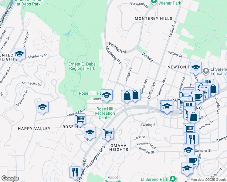 map of restaurants, bars, coffee shops, grocery stores, and more near Armour Avenue in Los Angeles