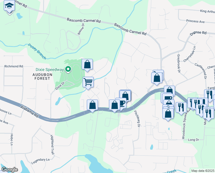 map of restaurants, bars, coffee shops, grocery stores, and more near 222 Bobbie Way in Woodstock