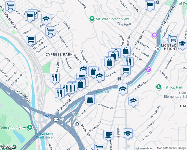 map of restaurants, bars, coffee shops, grocery stores, and more near 3415 North Figueroa Street in Los Angeles