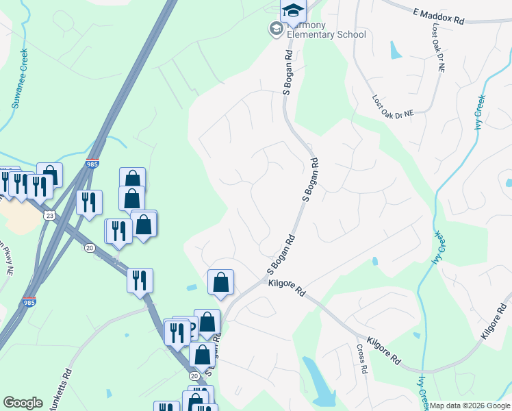 map of restaurants, bars, coffee shops, grocery stores, and more near 3795 Heritage Crest Parkway in Buford