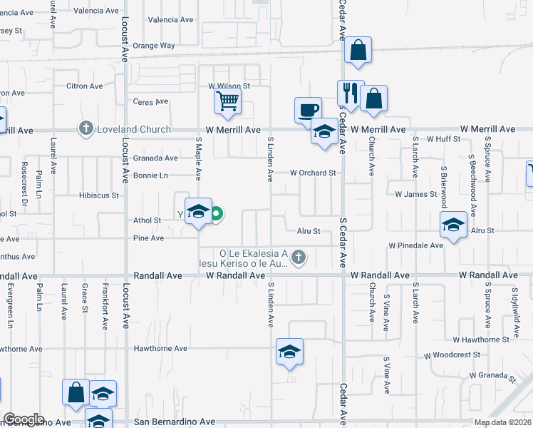 map of restaurants, bars, coffee shops, grocery stores, and more near 1515 Athol Street in Bloomington