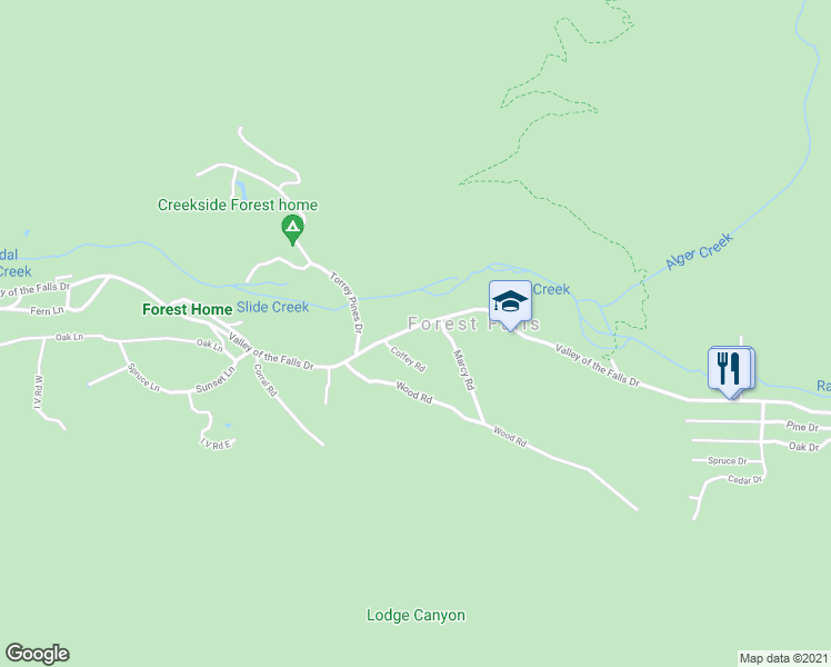 map of restaurants, bars, coffee shops, grocery stores, and more near 40411 Valley of the Falls Drive in Forest Falls
