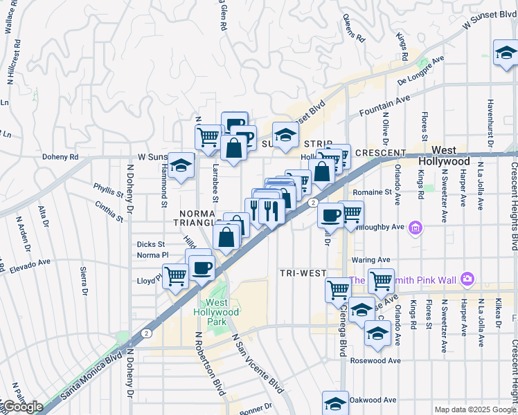 map of restaurants, bars, coffee shops, grocery stores, and more near 924 Hancock Avenue in West Hollywood