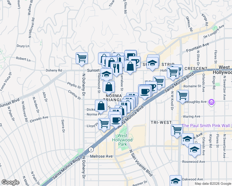map of restaurants, bars, coffee shops, grocery stores, and more near 928 North San Vicente Boulevard in West Hollywood