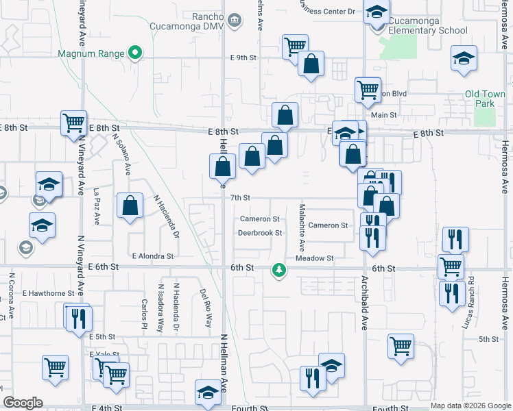 map of restaurants, bars, coffee shops, grocery stores, and more near 9121 Helms Avenue in Rancho Cucamonga