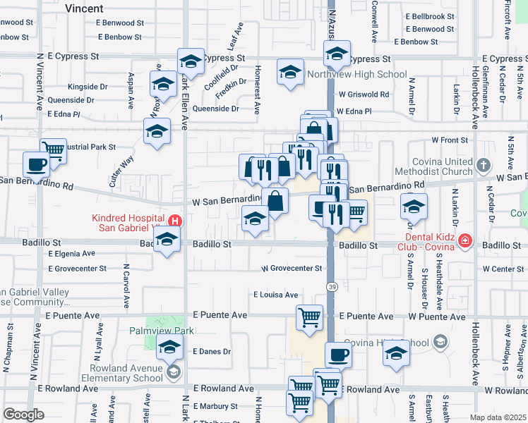 map of restaurants, bars, coffee shops, grocery stores, and more near 1060 West San Bernardino Road in Covina