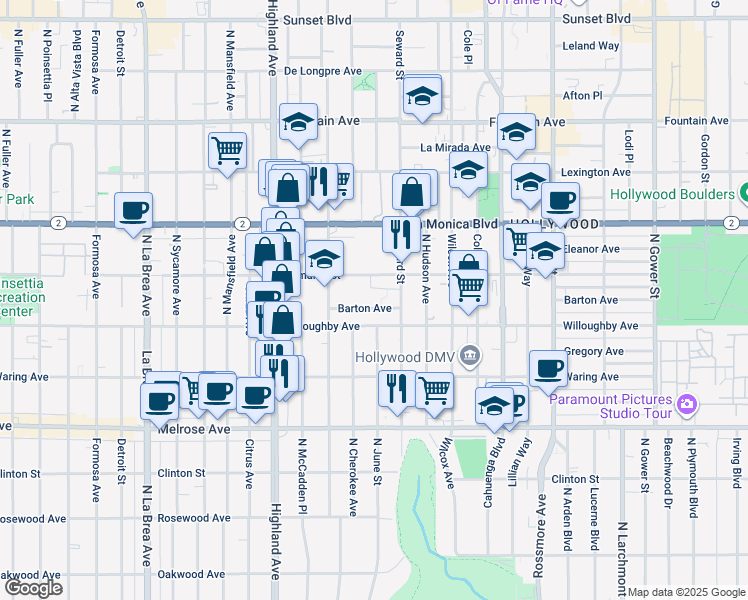 map of restaurants, bars, coffee shops, grocery stores, and more near 6552 Barton Avenue in Los Angeles