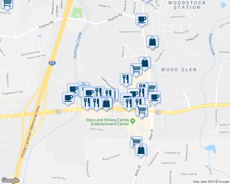 map of restaurants, bars, coffee shops, grocery stores, and more near 203 Woodpark Place in Woodstock