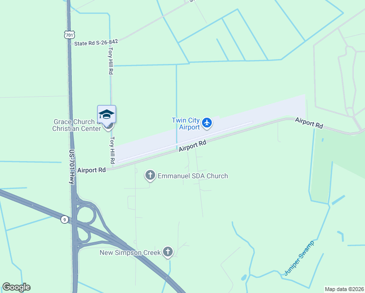 map of restaurants, bars, coffee shops, grocery stores, and more near 386 Airport Road in Loris