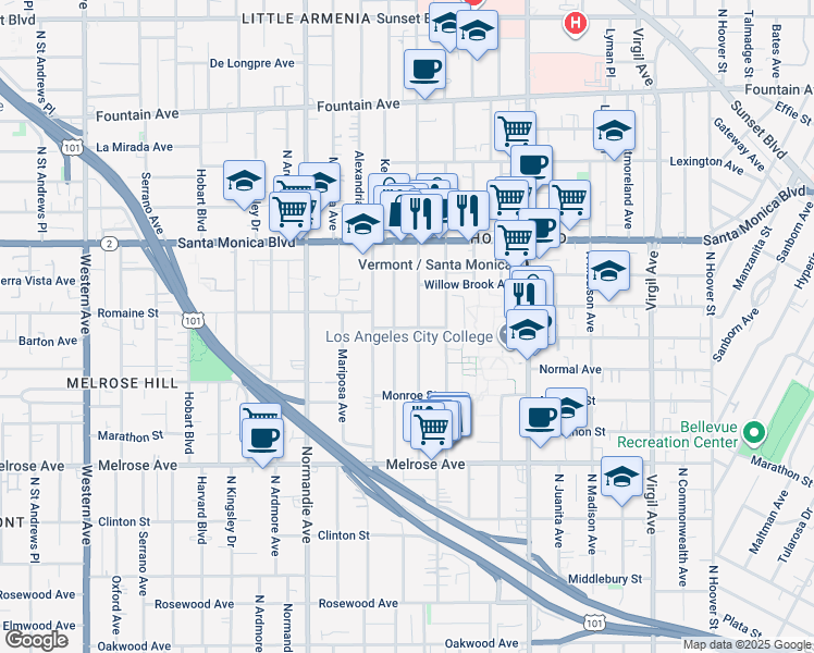 map of restaurants, bars, coffee shops, grocery stores, and more near in Los Angeles
