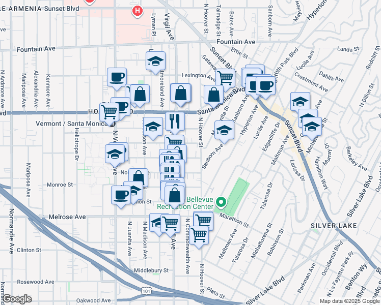 map of restaurants, bars, coffee shops, grocery stores, and more near 4226 Burns Avenue in Los Angeles