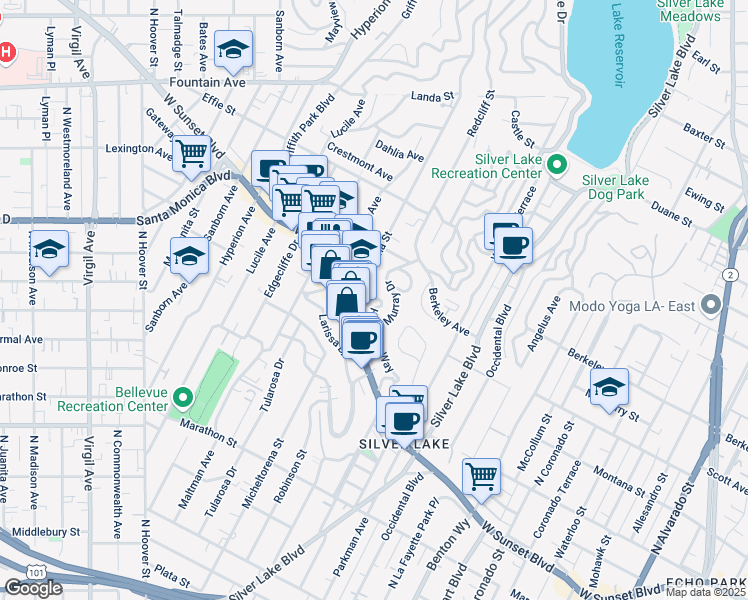 map of restaurants, bars, coffee shops, grocery stores, and more near 3330 Hamilton Way in Los Angeles
