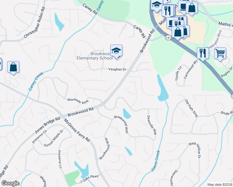 map of restaurants, bars, coffee shops, grocery stores, and more near 3415 Coatesbridge Court in Cumming