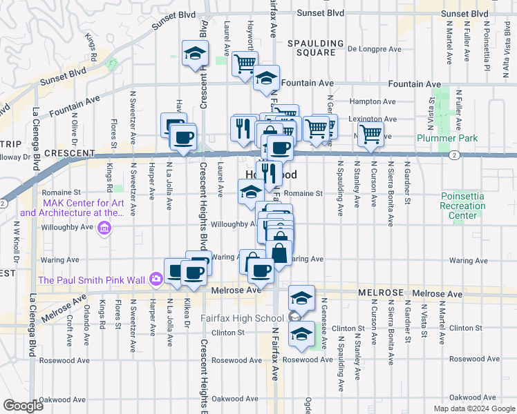 map of restaurants, bars, coffee shops, grocery stores, and more near 930 North Hayworth Avenue in West Hollywood