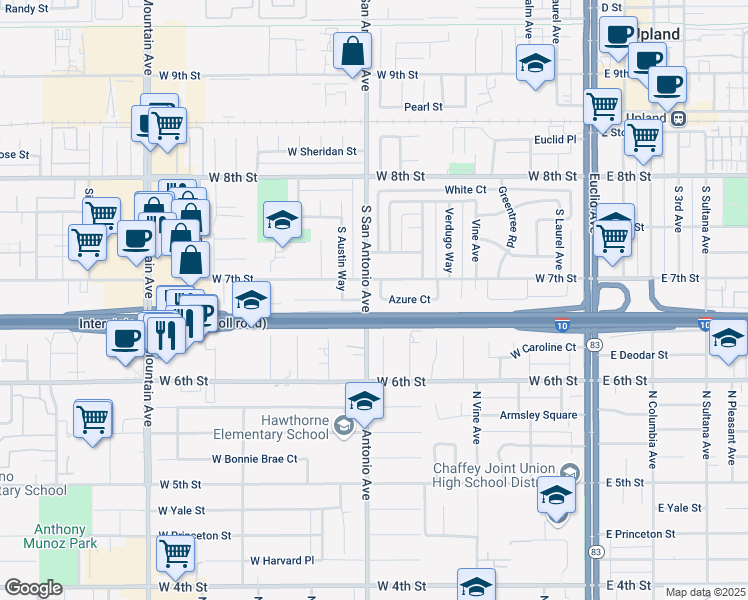 map of restaurants, bars, coffee shops, grocery stores, and more near 762 Azure Court in Upland