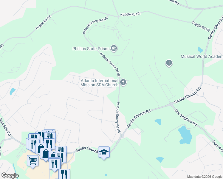 map of restaurants, bars, coffee shops, grocery stores, and more near 2724 West Rock Quarry Road Northeast in Buford