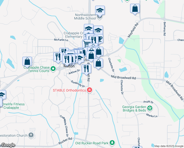 map of restaurants, bars, coffee shops, grocery stores, and more near 12575 Broadwell Rd in Alpharetta
