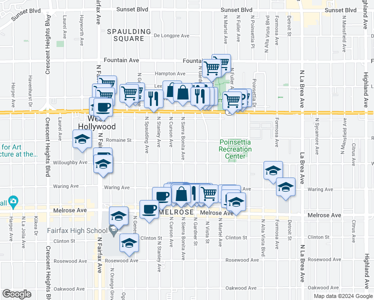 map of restaurants, bars, coffee shops, grocery stores, and more near 932 North Sierra Bonita Avenue in West Hollywood