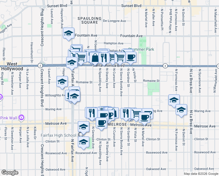 map of restaurants, bars, coffee shops, grocery stores, and more near 912 North Stanley Avenue in West Hollywood