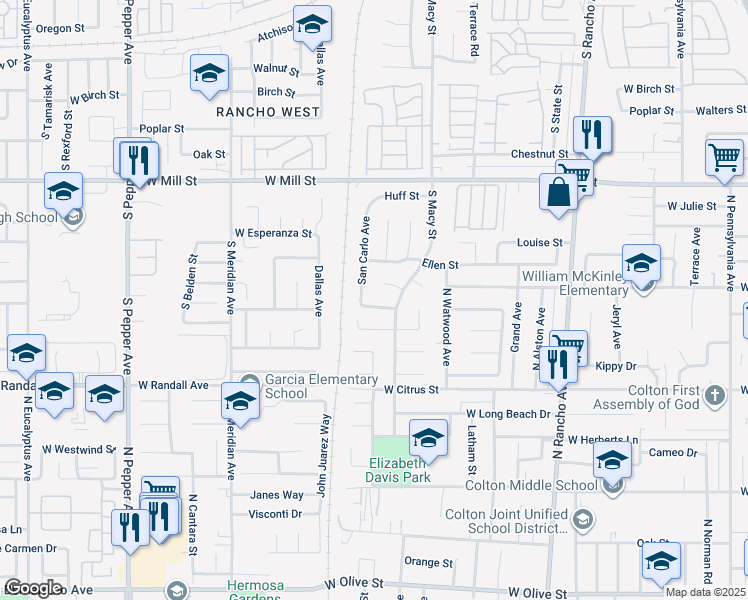map of restaurants, bars, coffee shops, grocery stores, and more near 2378 West Conner Street in Colton