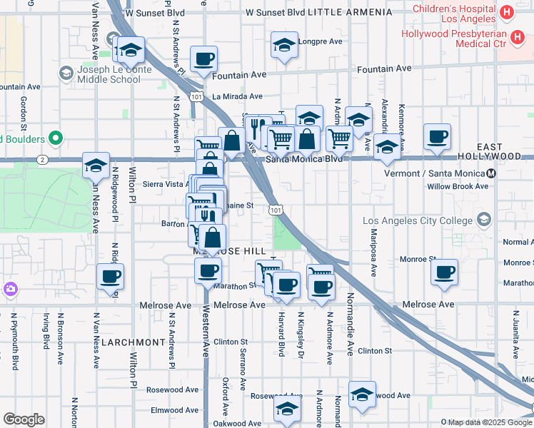 map of restaurants, bars, coffee shops, grocery stores, and more near 963 North Hobart Boulevard in Los Angeles