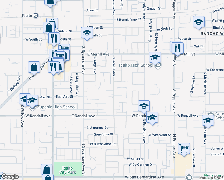 map of restaurants, bars, coffee shops, grocery stores, and more near 758 South Acacia Avenue in Rialto