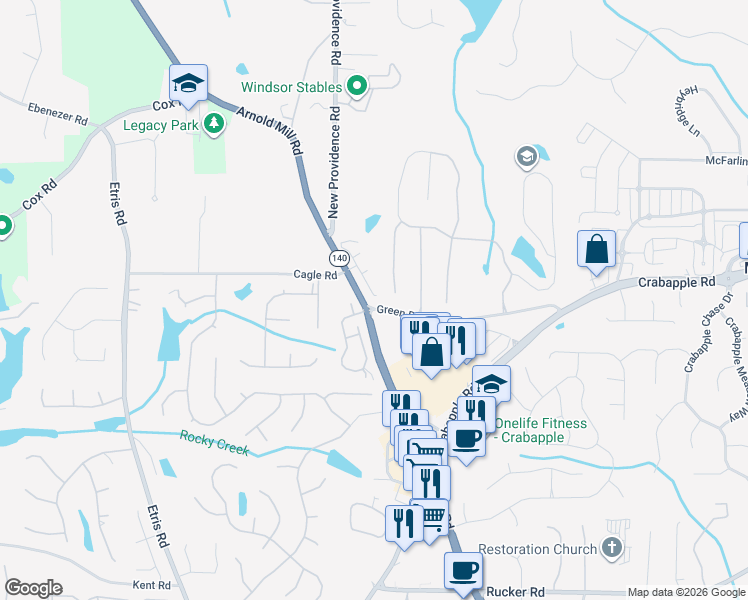 map of restaurants, bars, coffee shops, grocery stores, and more near 1005 Birchdale Drive in Alpharetta
