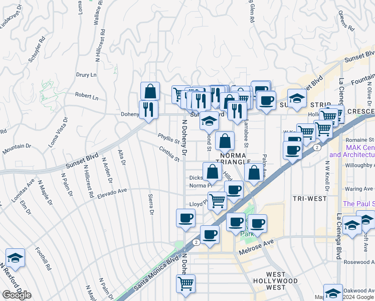 map of restaurants, bars, coffee shops, grocery stores, and more near 930 North Doheny Drive in West Hollywood